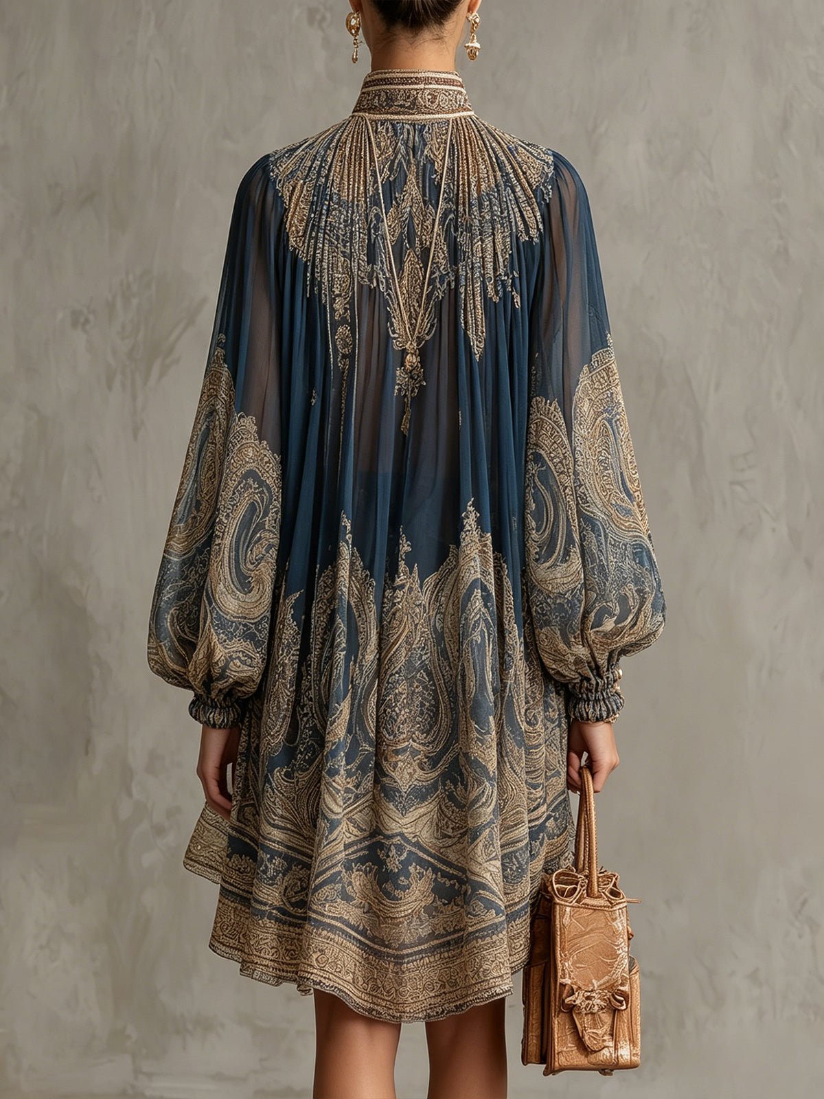 Women's Baroque Print Chiffon High-Neck Asymmetric Mini Dress