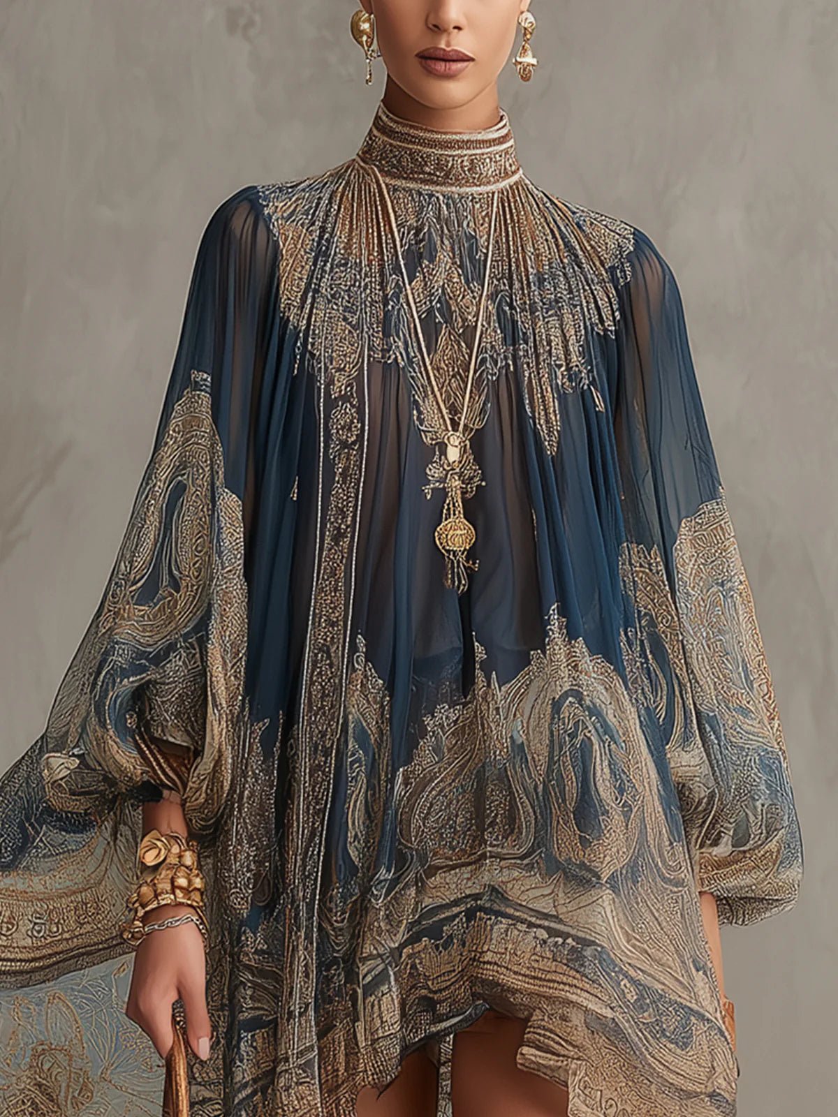 Women's Baroque Print Chiffon High-Neck Asymmetric Mini Dress