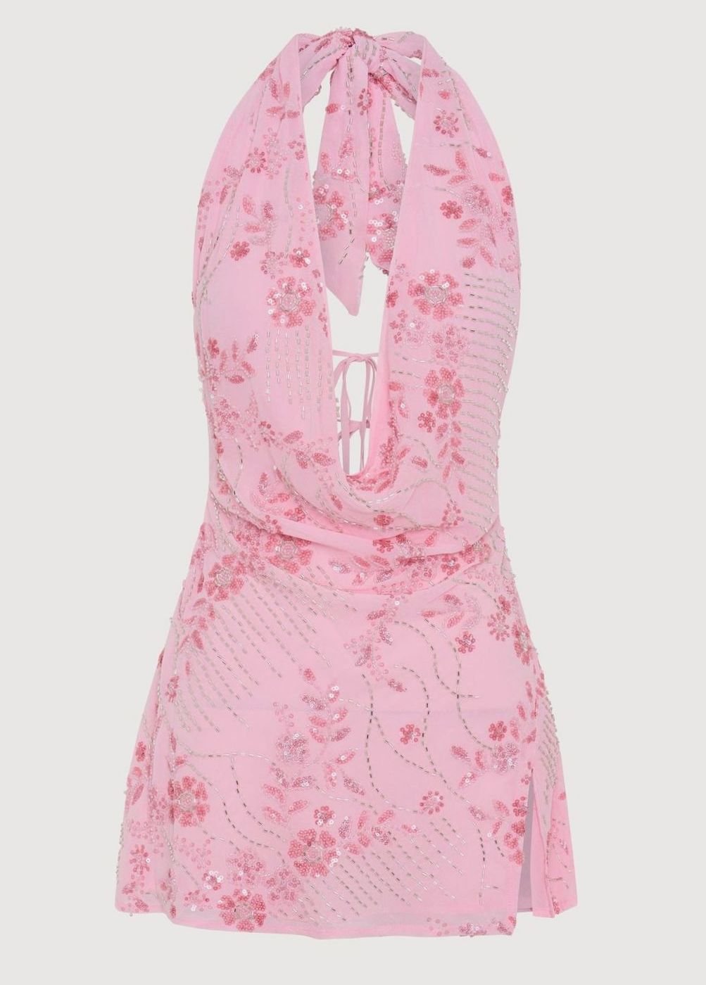 Women's Beaded Floral Open-Back Cowl-Neck Mini Dress