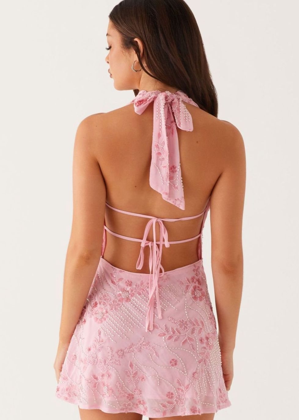 Women's Beaded Floral Open-Back Cowl-Neck Mini Dress