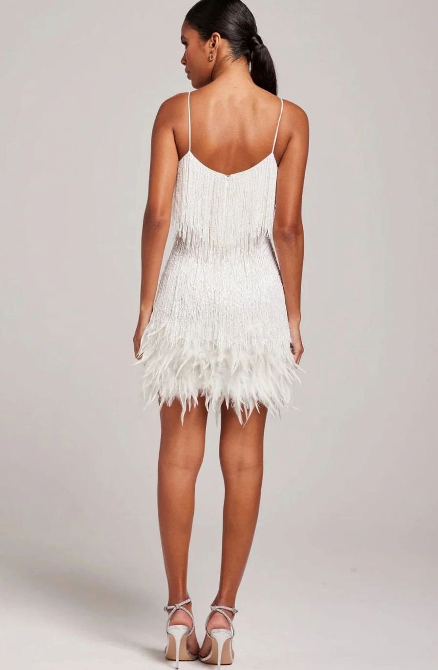 Women's Beaded Fringe Feather-Trim Spaghetti Strap Mini Dress