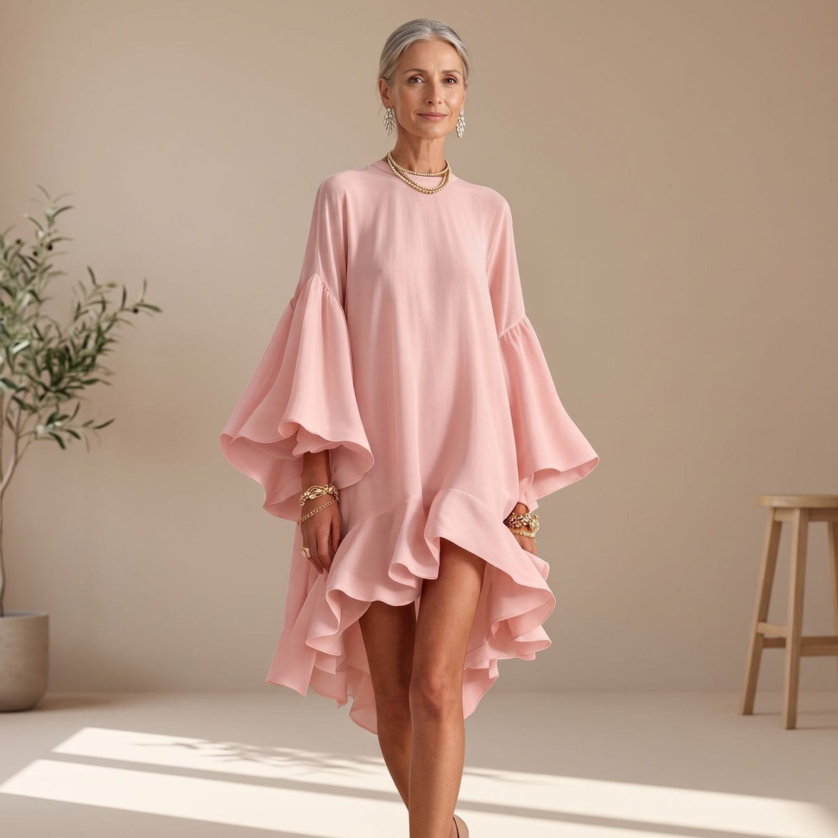 Women's Bell Sleeve Asymmetric Hem Ruffle Cocktail Party Dress - Dusty Pink
