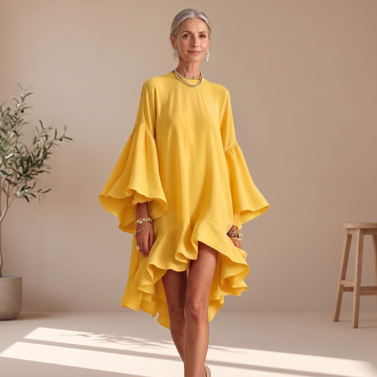 Women's Bell Sleeve Asymmetric Hem Ruffle Cocktail Party Dress - Yellow
