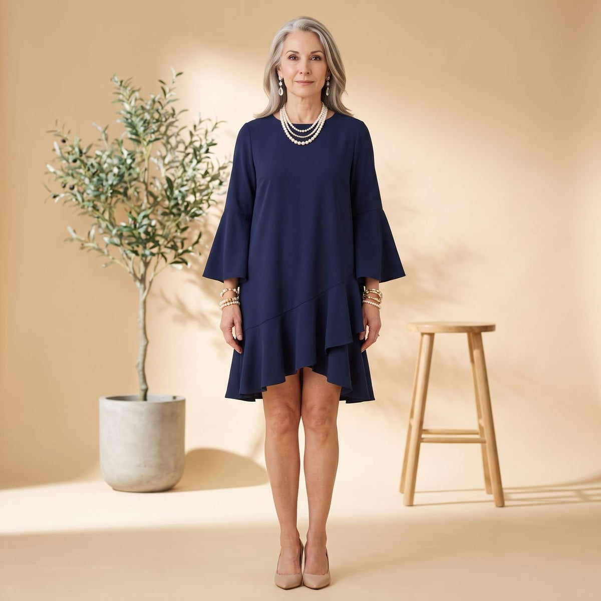 Women's Bell Sleeve Asymmetric Hem Ruffle Cocktail Party Dress - Navy Blue