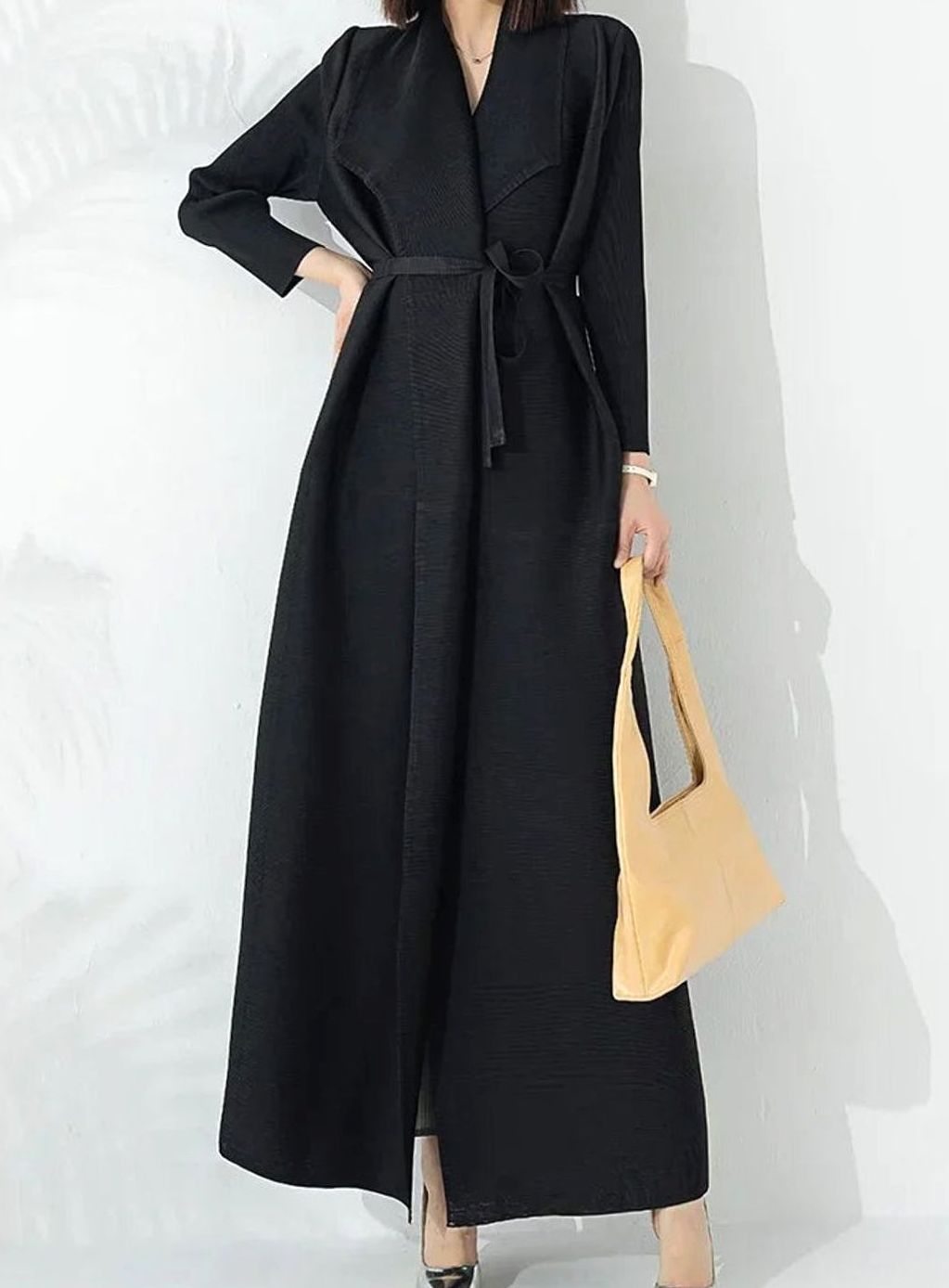 Women's Belted A-Line Maxi Coat Funnel Neck Full Length - Black