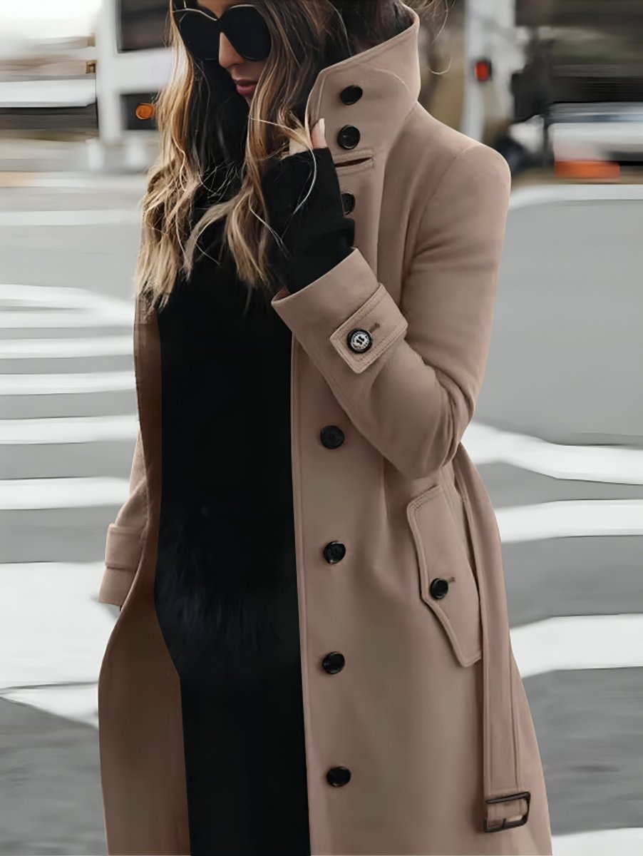 Women's Belted Double-Breasted Long Trench Coat High Collar - Beige