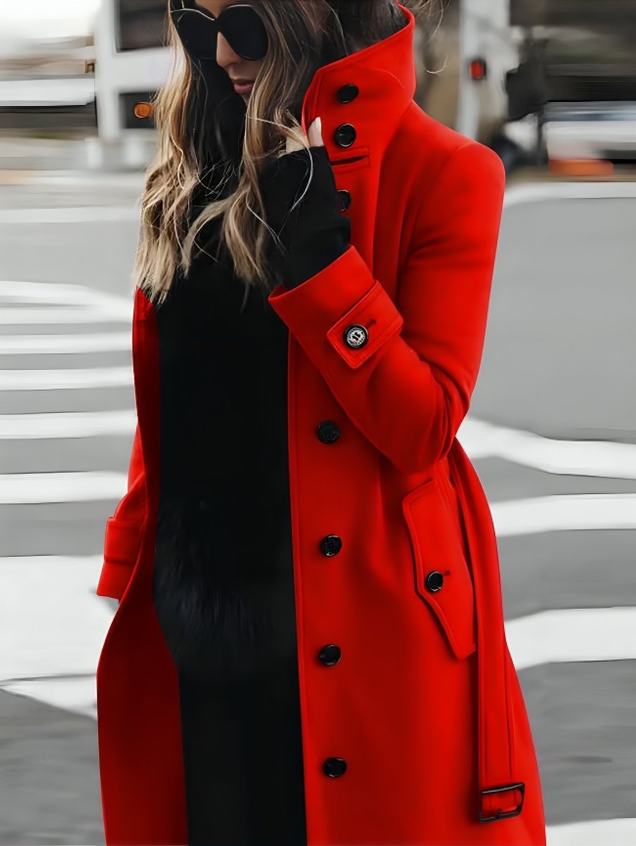 Women's Belted Double-Breasted Long Trench Coat High Collar - Red