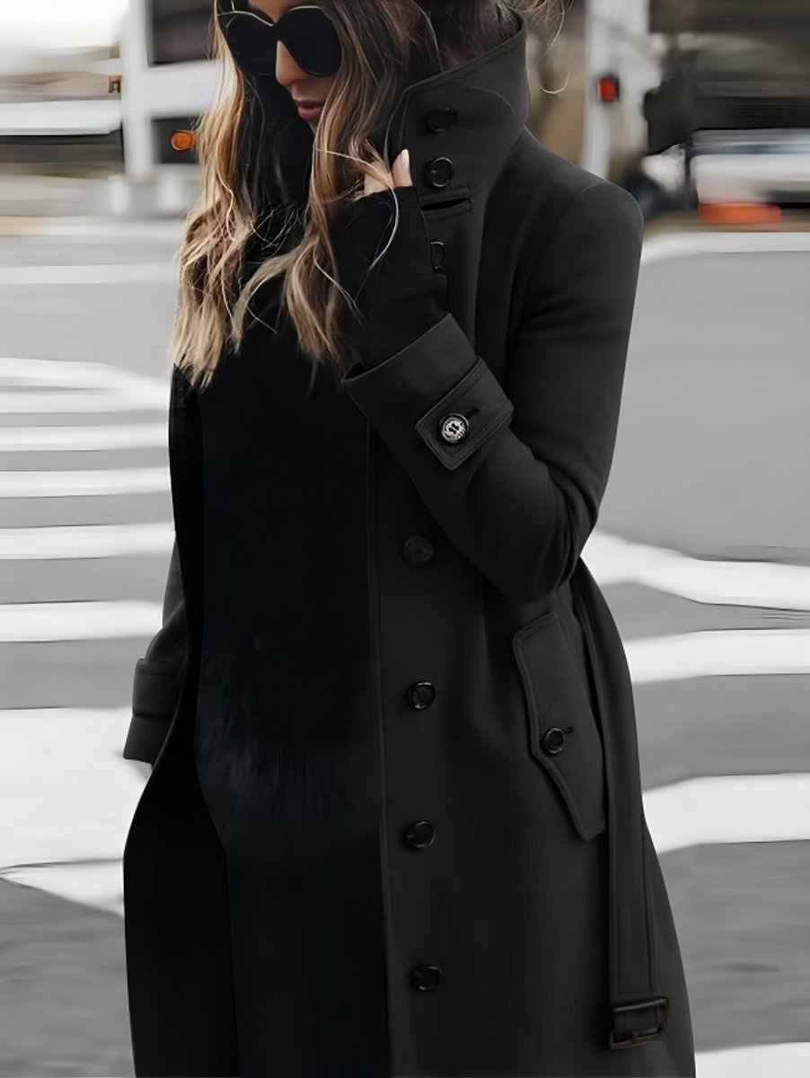 Women's Belted Double-Breasted Long Trench Coat High Collar - Black
