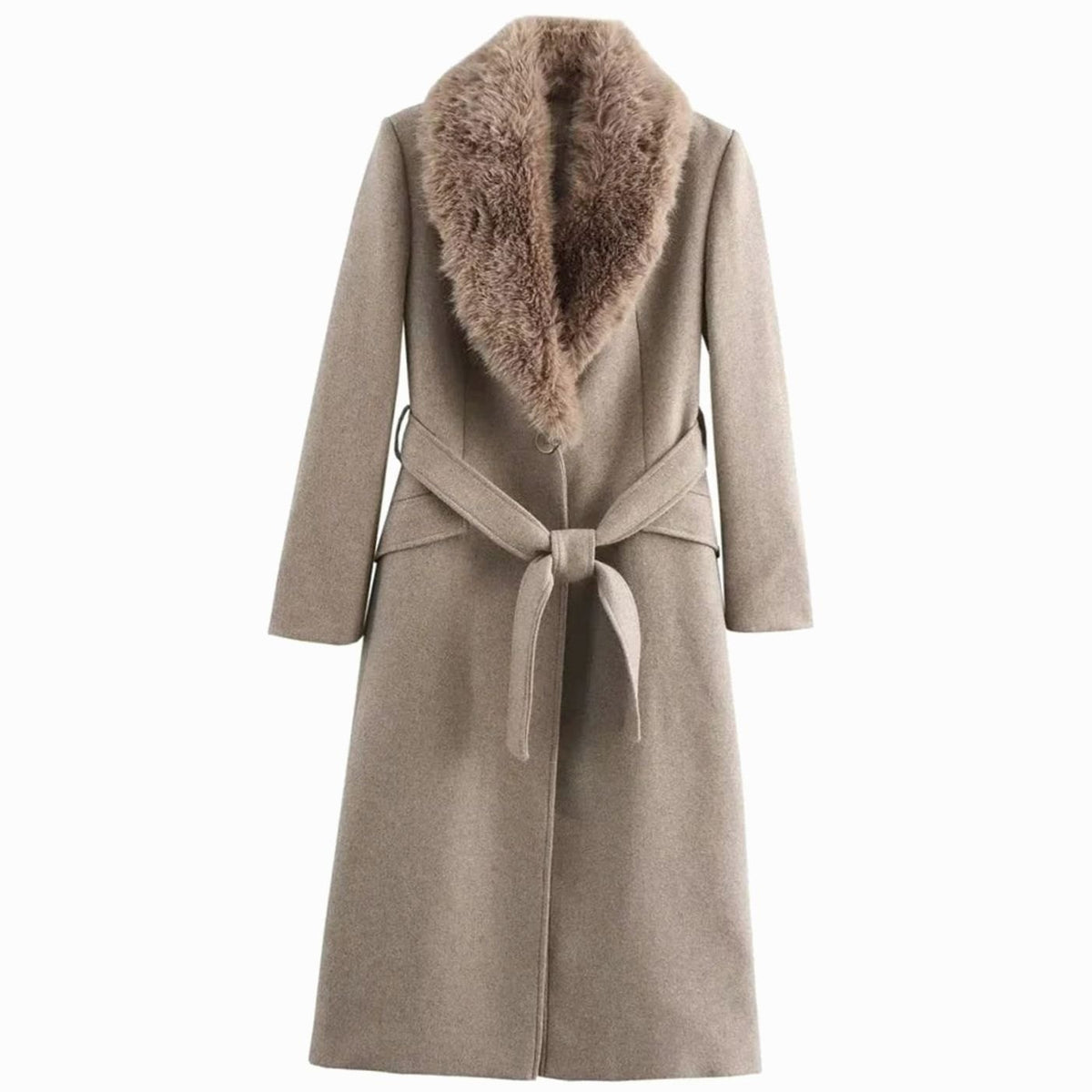 Women's Belted Faux Fur Collar Long Winter Coat - Khaki