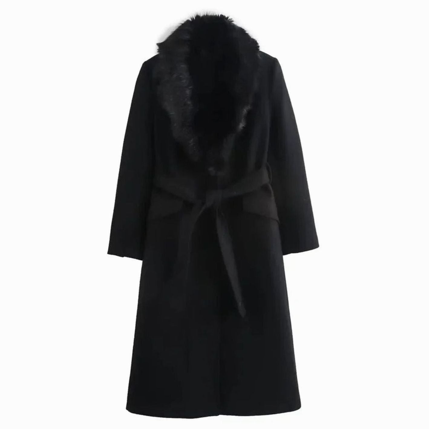 Women's Belted Faux Fur Collar Long Winter Coat - Black