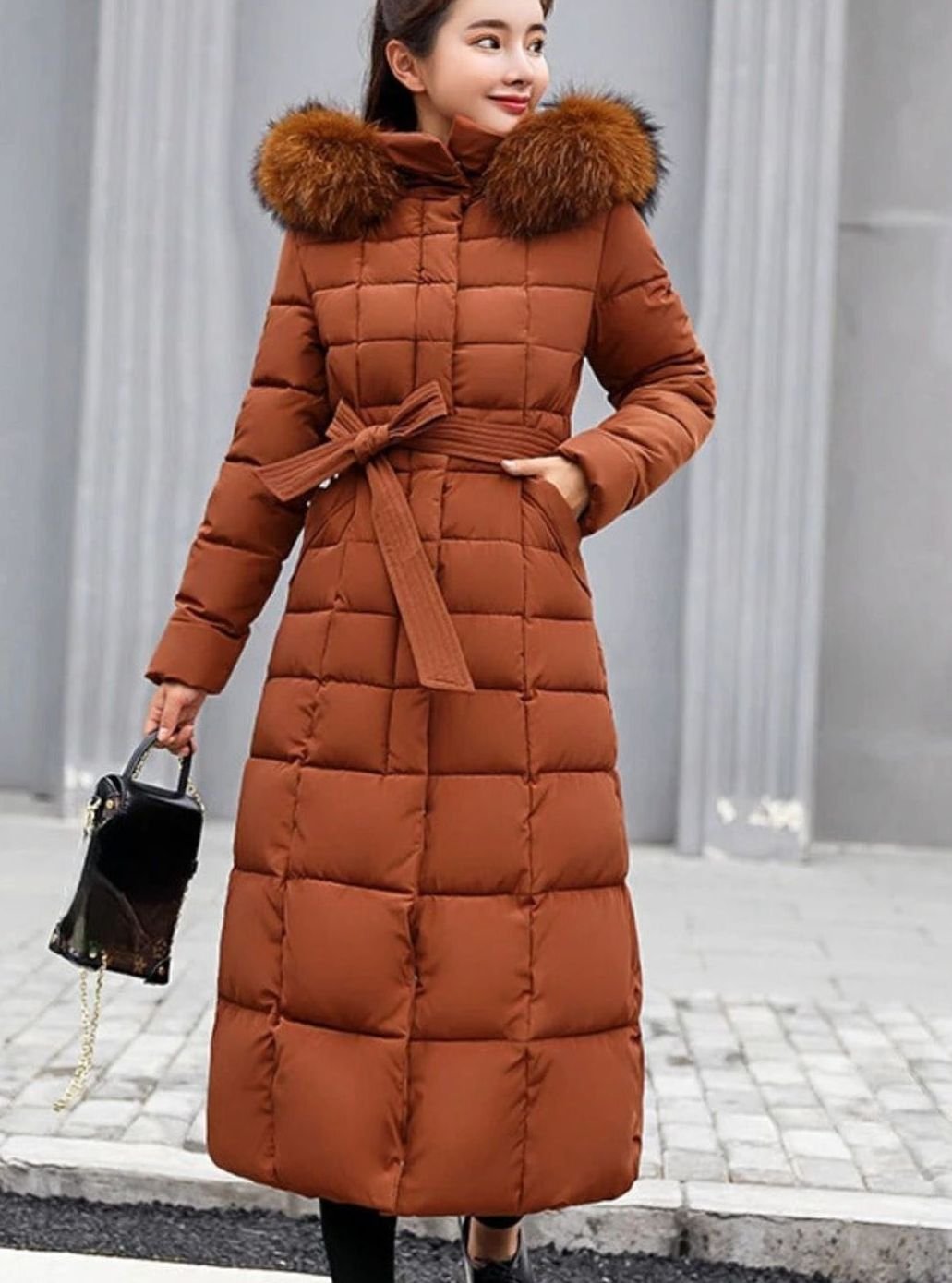 Women's Belted Hooded Maxi Quilted Puffer Coat - Caramel