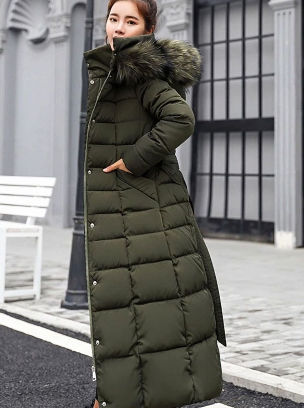 Women's Belted Hooded Maxi Quilted Puffer Coat - Army Green