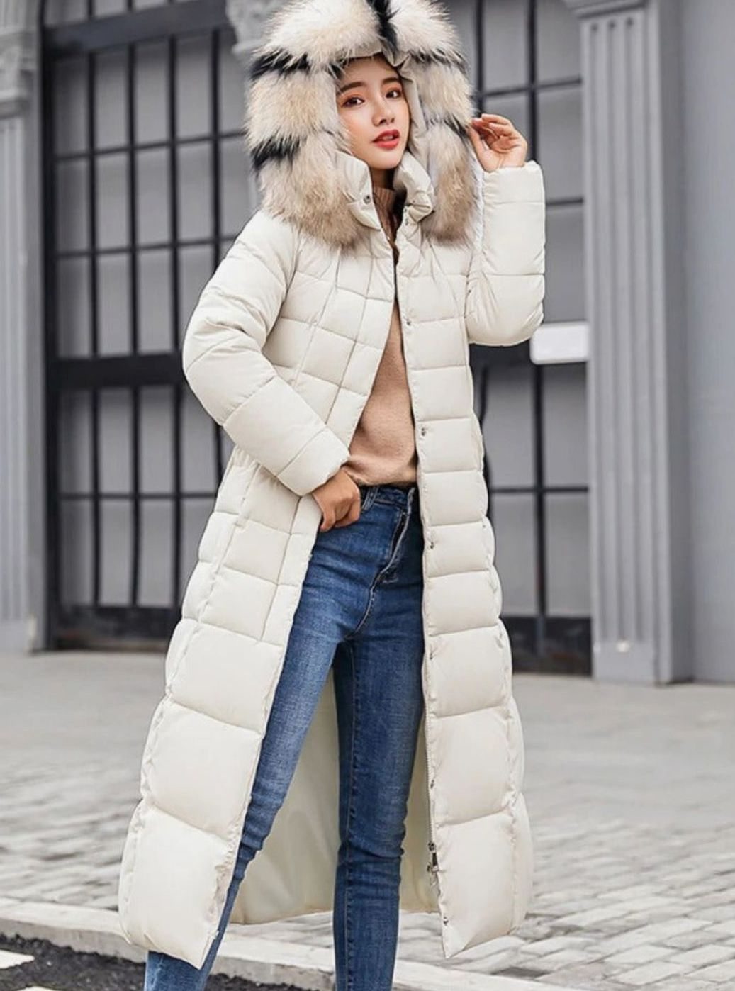 Women's Belted Hooded Maxi Quilted Puffer Coat - Off White