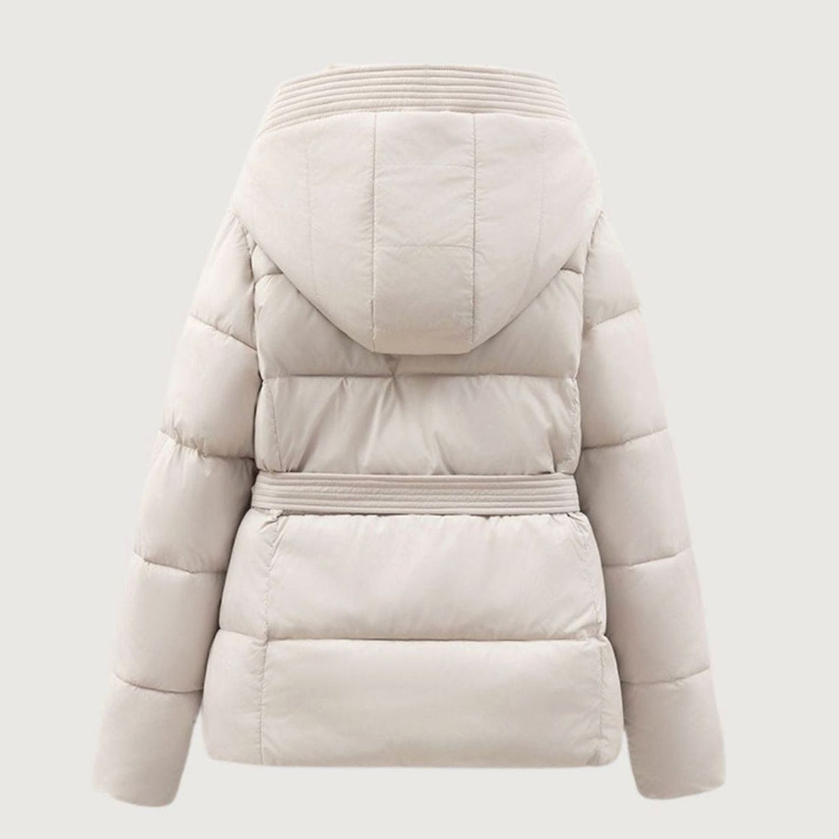 Women's Belted Hooded Quilted Puffer Coat with Waist Tie