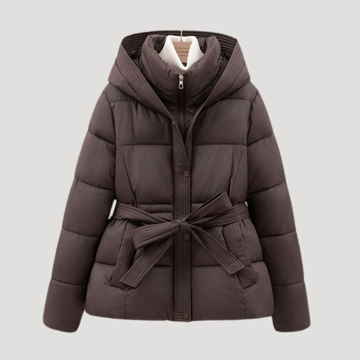 Women's Belted Hooded Quilted Puffer Coat with Waist Tie - Dark Brown