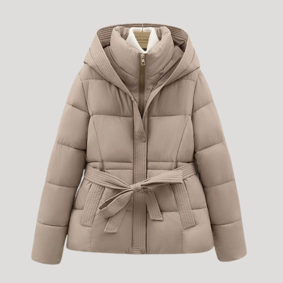 Women's Belted Hooded Quilted Puffer Coat with Waist Tie - Khaki