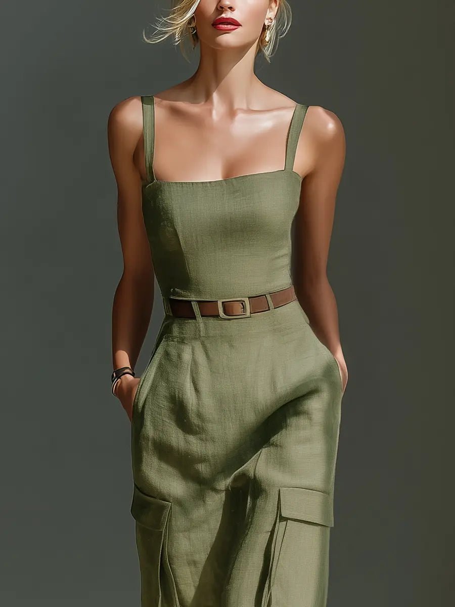 Women's Belted Linen Cargo-Pocket Midi Dress