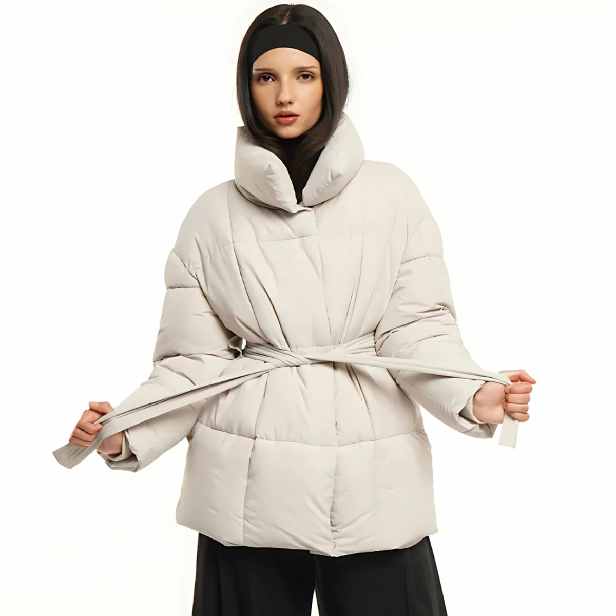 Women's Belted Padded Puffer Jacket High-Collar Winter Coat - White