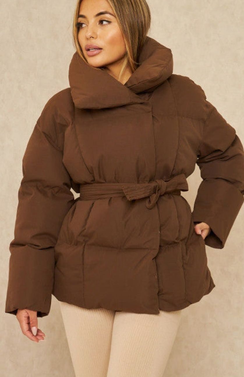 Women's Belted Padded Puffer Jacket High-Collar Winter Coat - Brown
