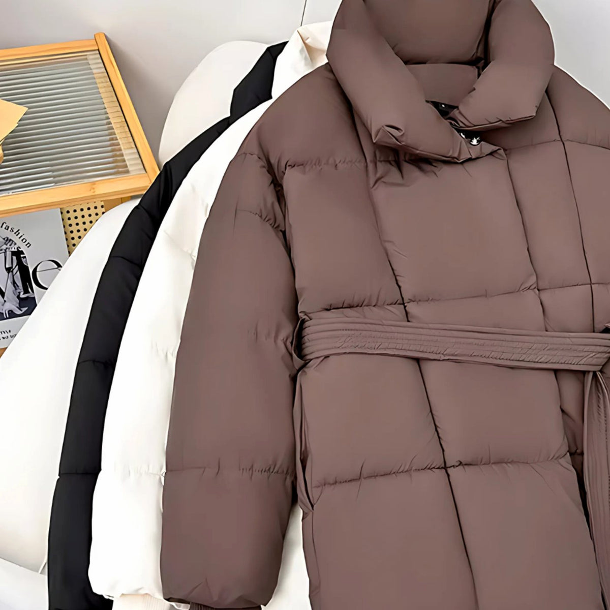 Women's Belted Padded Puffer Jacket High-Collar Winter Coat