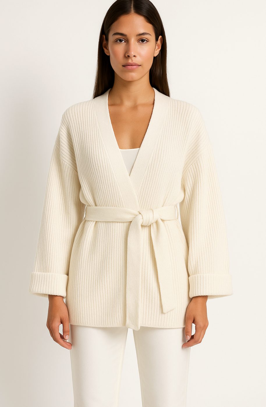 Women's Belted Ribbed Knit Wrap Cardigan Cuffed Sleeves