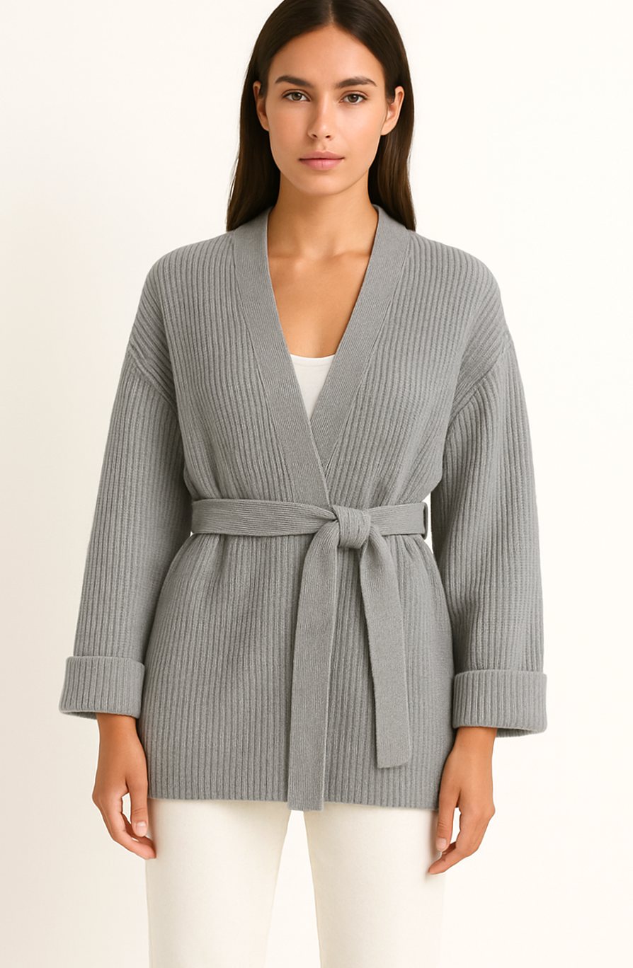 Women's Belted Ribbed Knit Wrap Cardigan Cuffed Sleeves