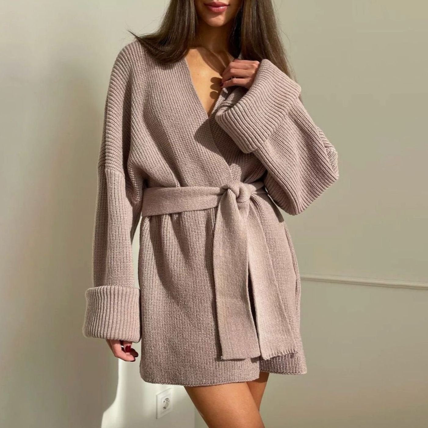 Women's Belted Ribbed Knit Wrap Cardigan Cuffed Sleeves - Pink