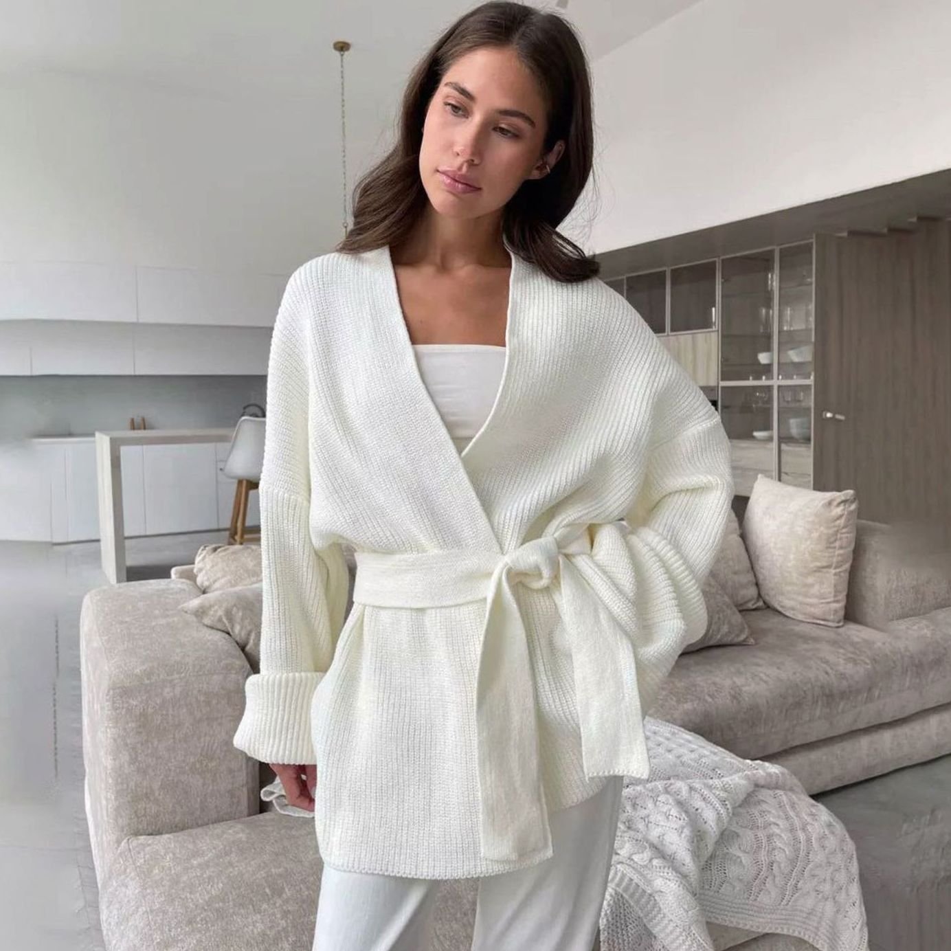 Women's Belted Ribbed Knit Wrap Cardigan Cuffed Sleeves - White