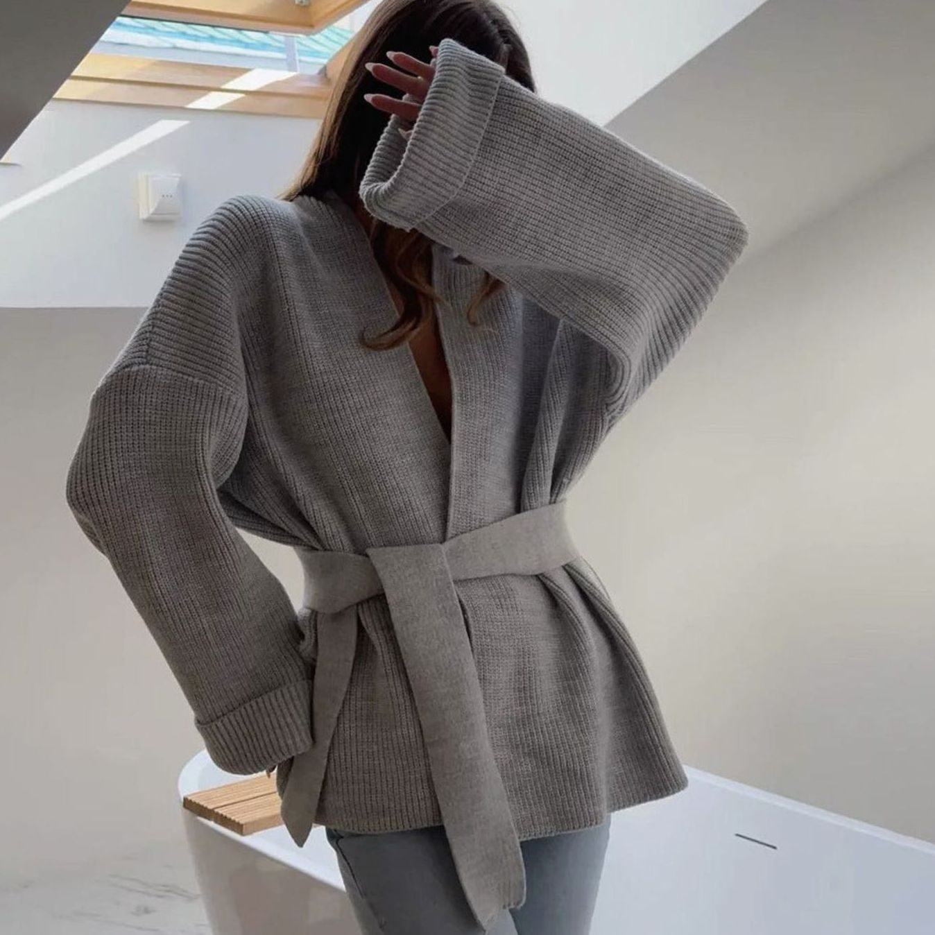 Women's Belted Ribbed Knit Wrap Cardigan Cuffed Sleeves - Grey