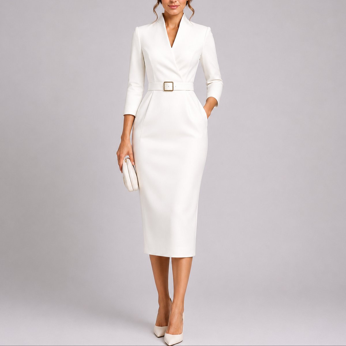 Women's Belted V-Neck Bodycon Midi Dress - White
