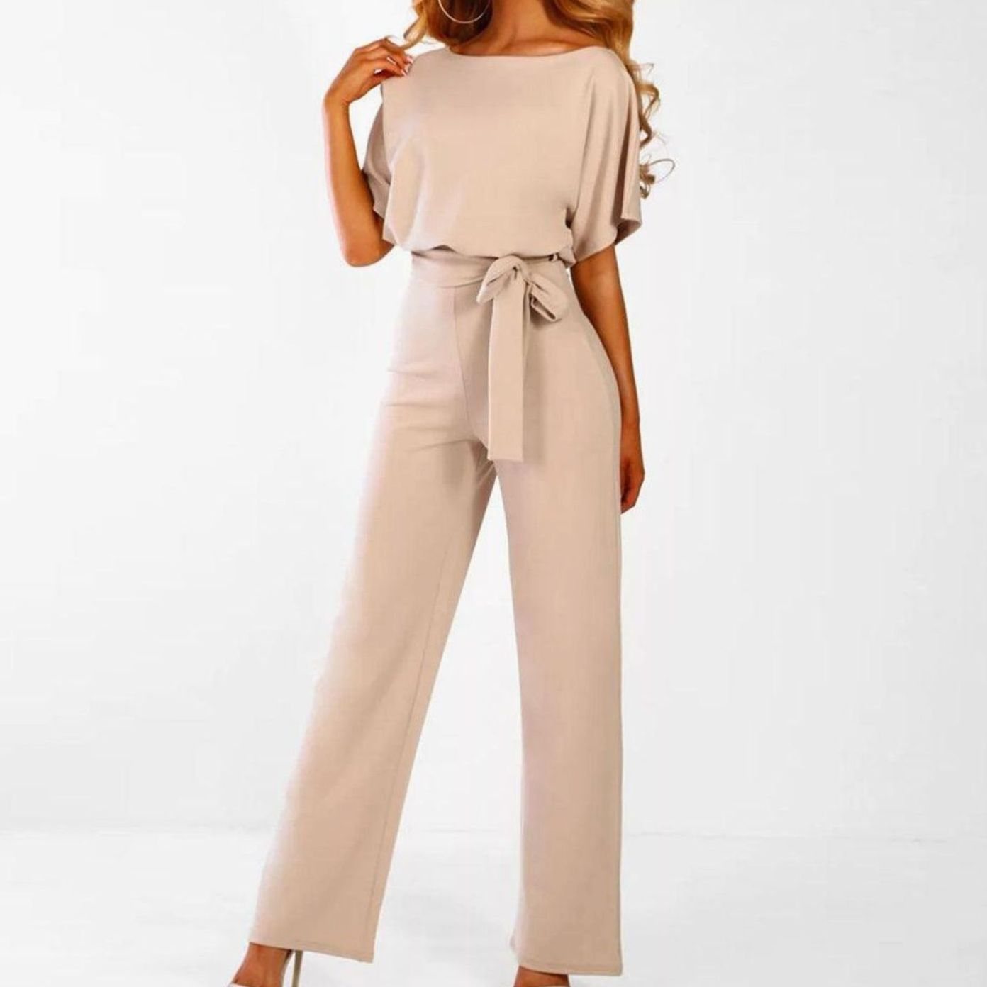 Women's Belted Wide Leg Coord Two-Piece Set Short Sleeve - Beige