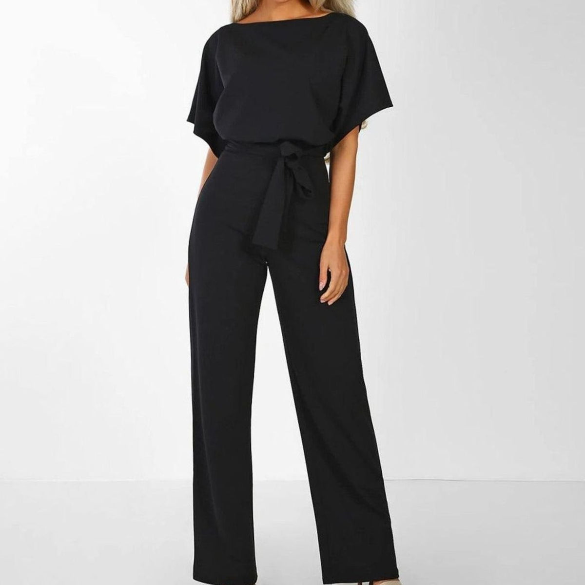 Women's Belted Wide Leg Coord Two-Piece Set Short Sleeve - Black