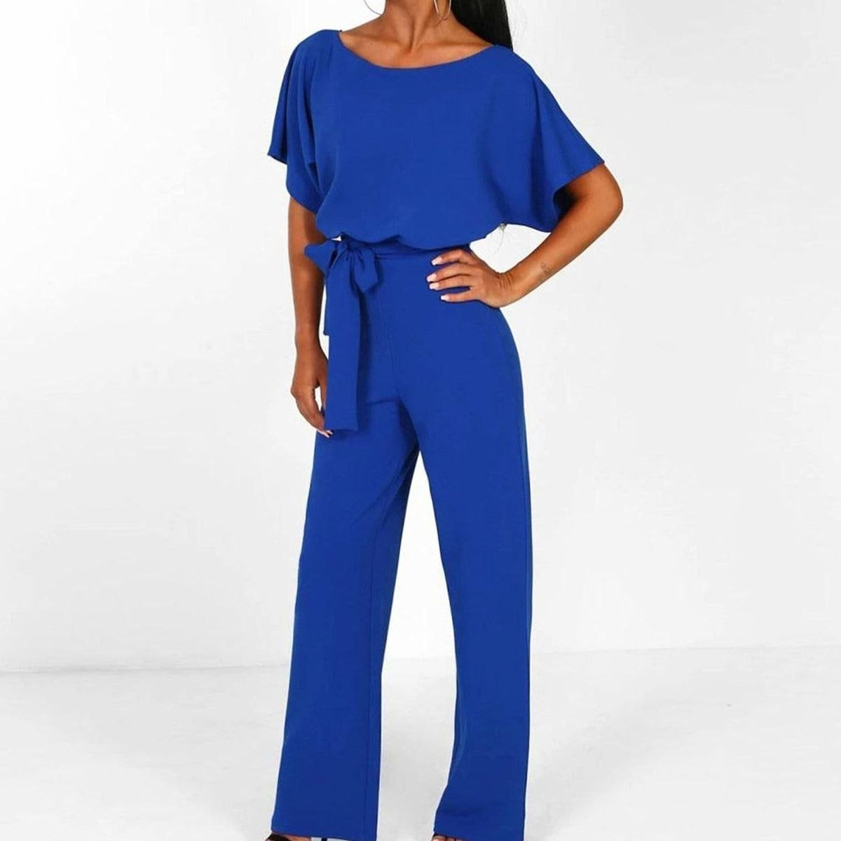 Women's Belted Wide Leg Coord Two-Piece Set Short Sleeve - Blue