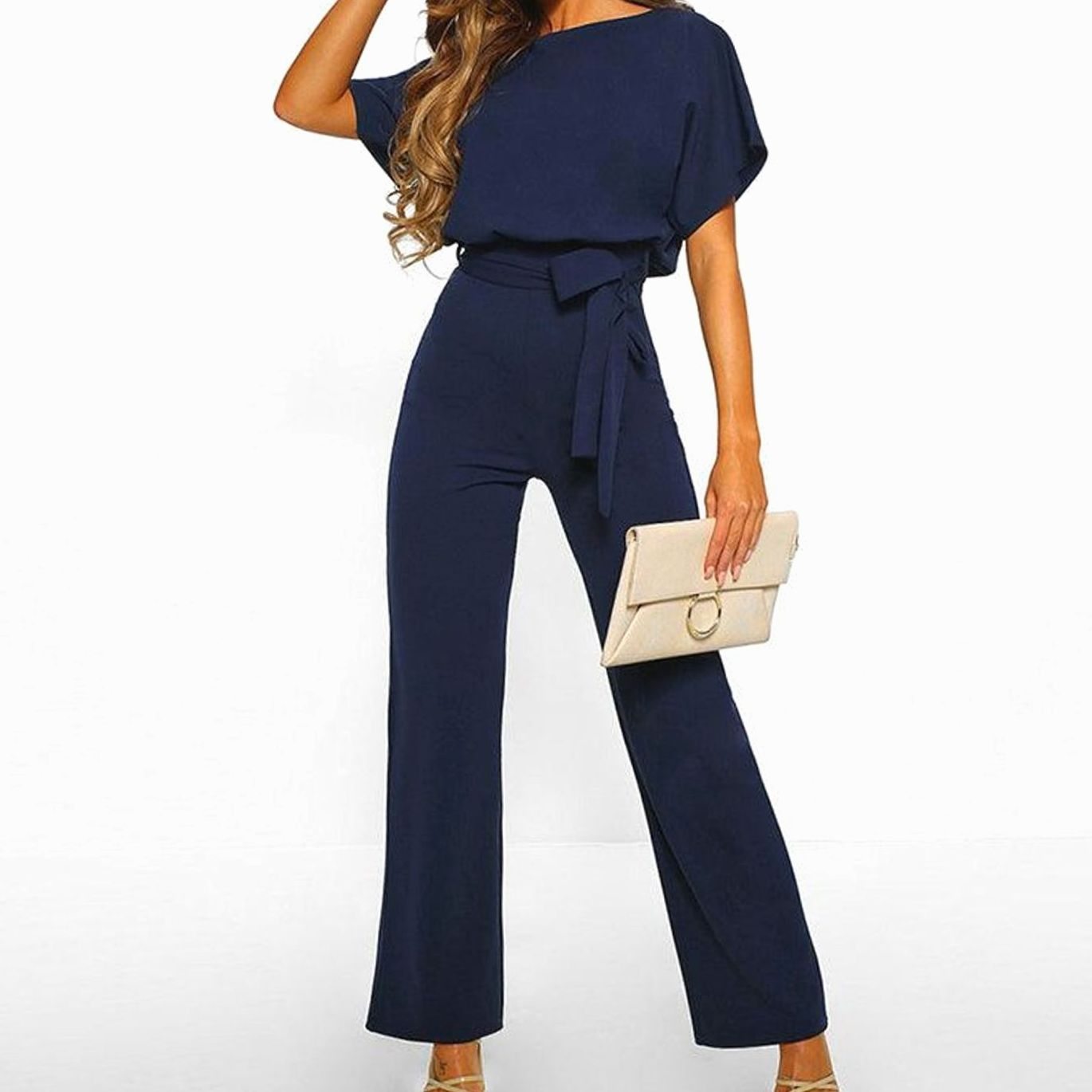 Women's Belted Wide Leg Coord Two-Piece Set Short Sleeve - Dark Blue