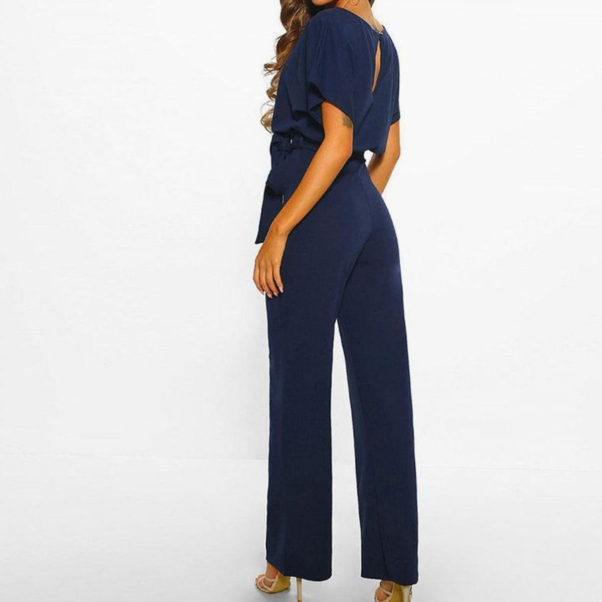 Women's Belted Wide Leg Coord Two-Piece Set Short Sleeve