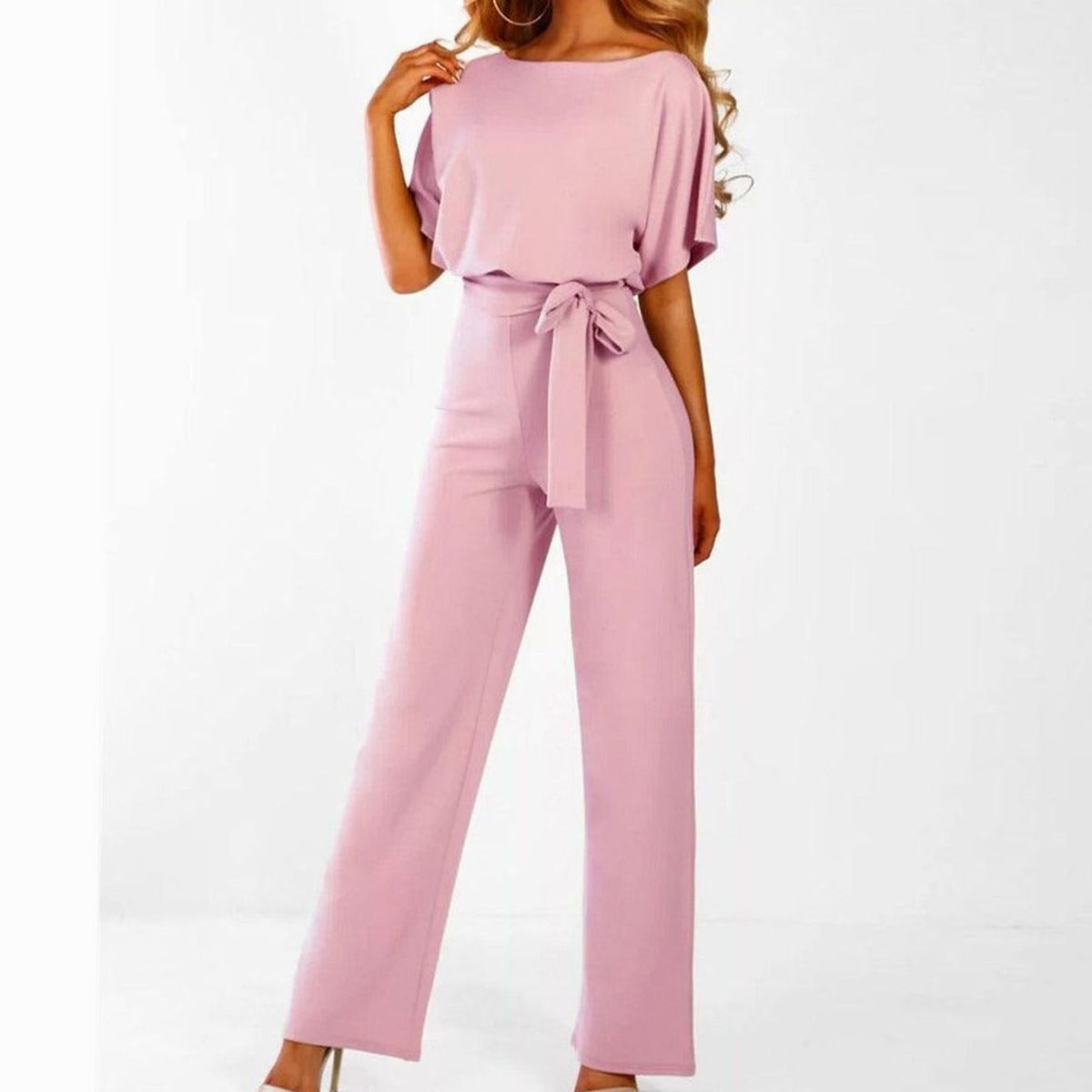 Women's Belted Wide Leg Coord Two-Piece Set Short Sleeve - Pink