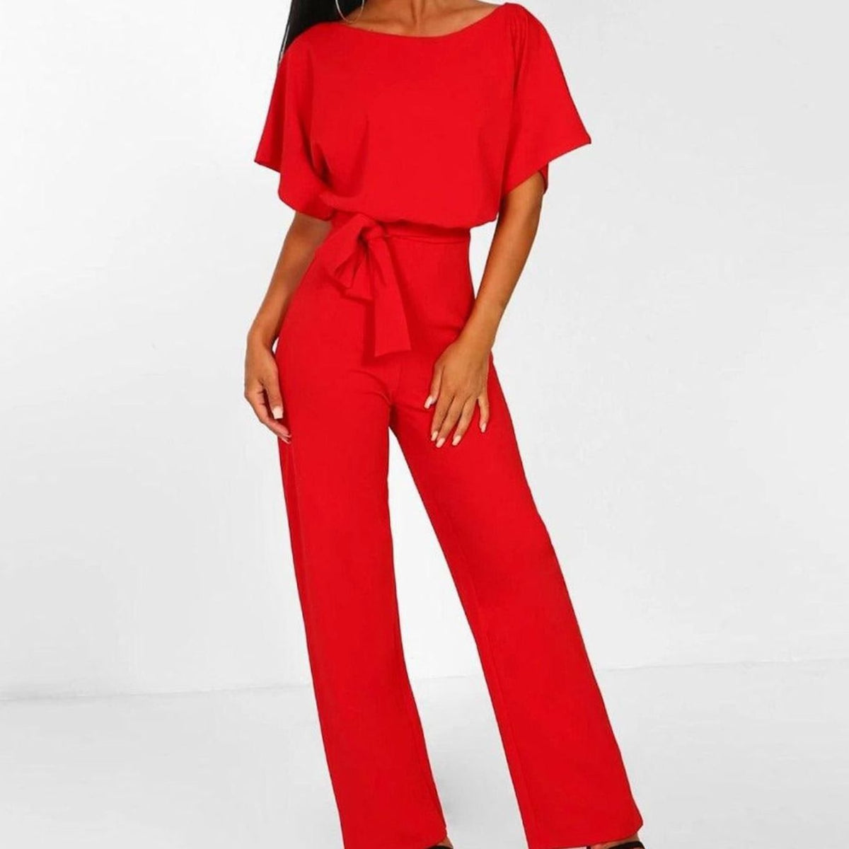 Women's Belted Wide Leg Coord Two-Piece Set Short Sleeve - Red