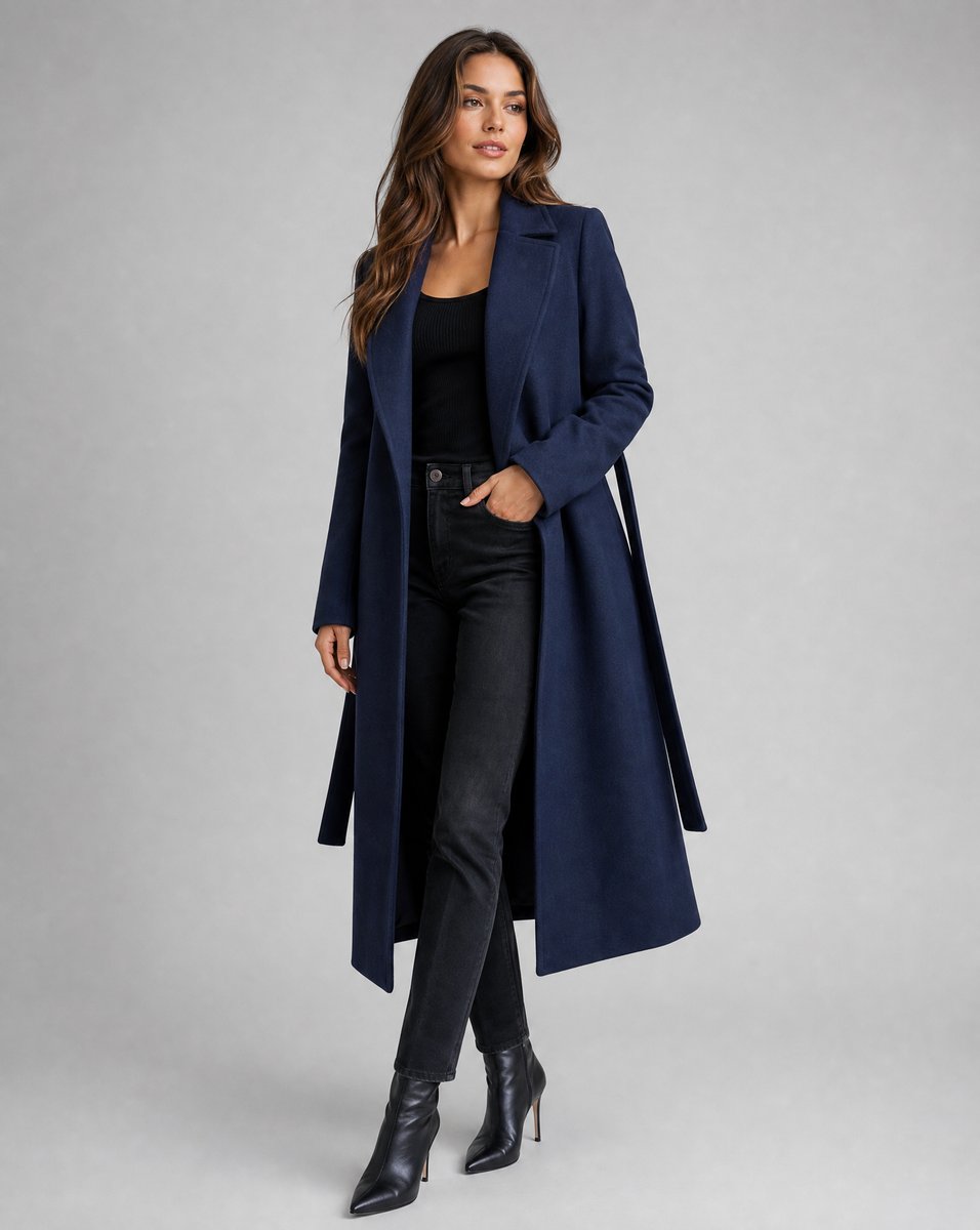 Women's Belted Wool-Blend Long-Line Trench Coat Notched Lapel Overcoat - Navy