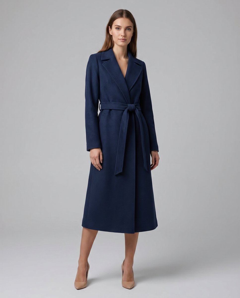 Women's Belted Wool-Blend Long-Line Trench Coat Notched Lapel Overcoat
