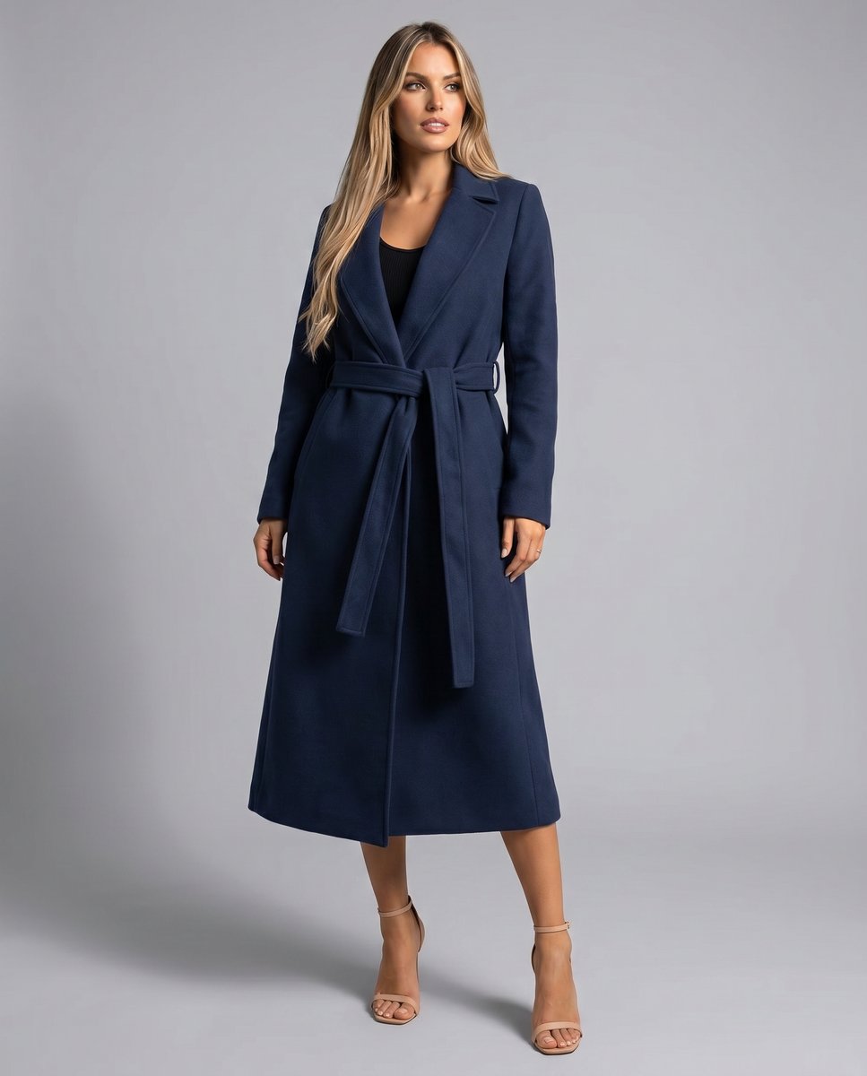 Women's Belted Wool-Blend Long-Line Trench Coat Notched Lapel Overcoat