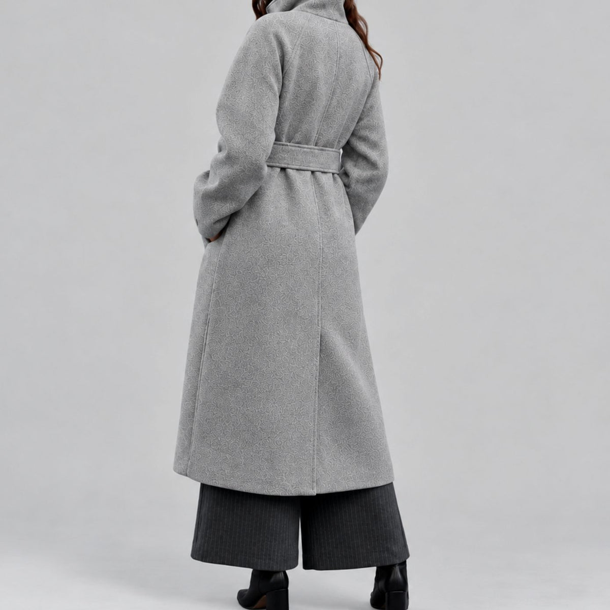 Women's Belted Wool-Style Long Wrap Coat Wide Collar