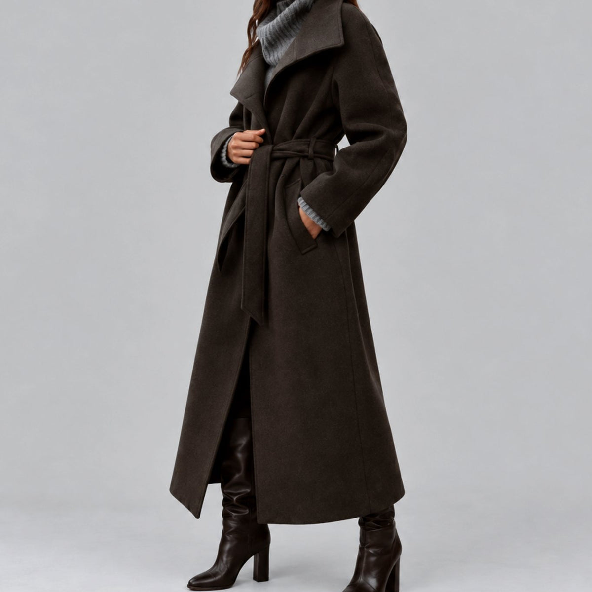 Women's Belted Wool-Style Long Wrap Coat Wide Collar