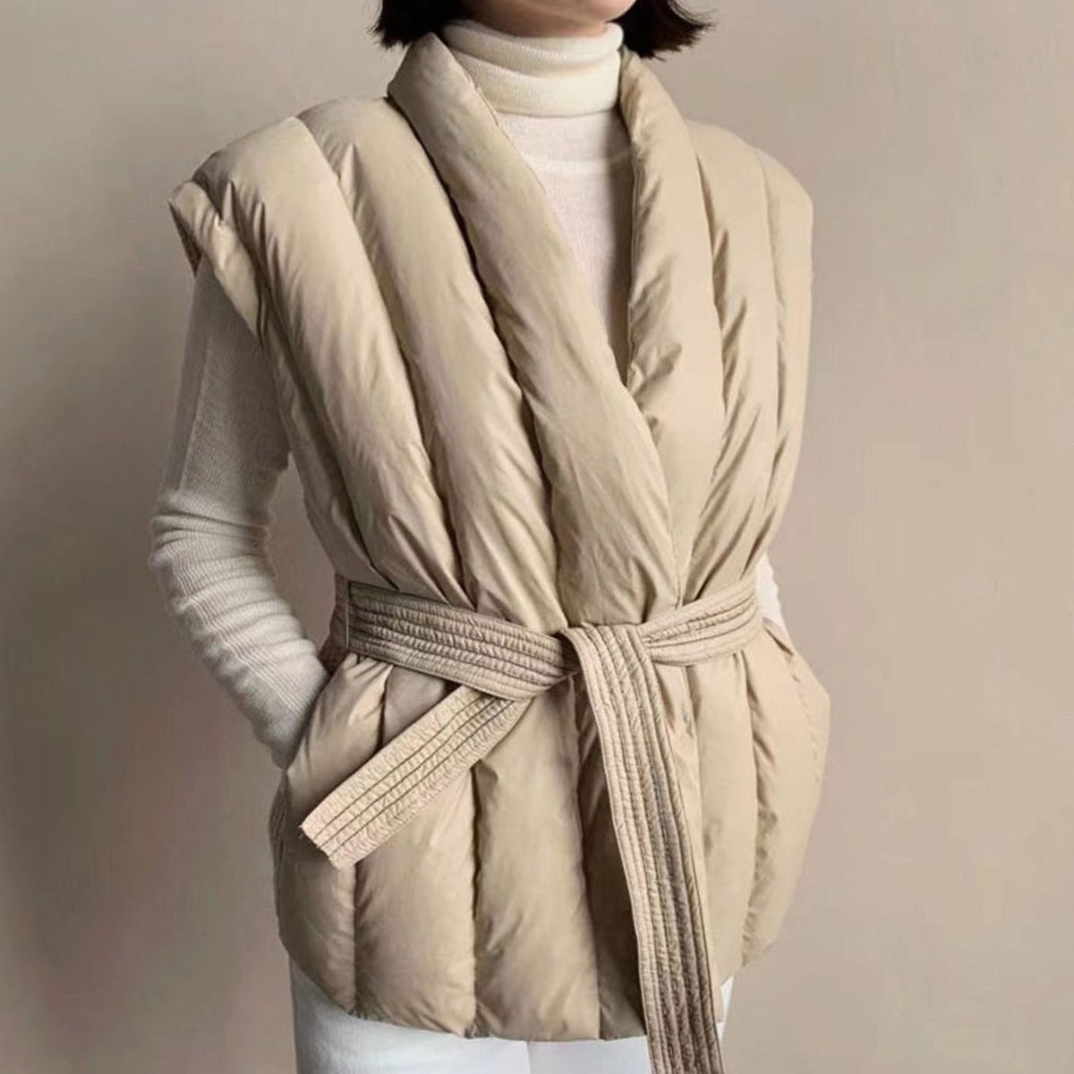 Women's Belted Wrap Puffer Gilet Quilted Sleeveless Gilet - Khaki