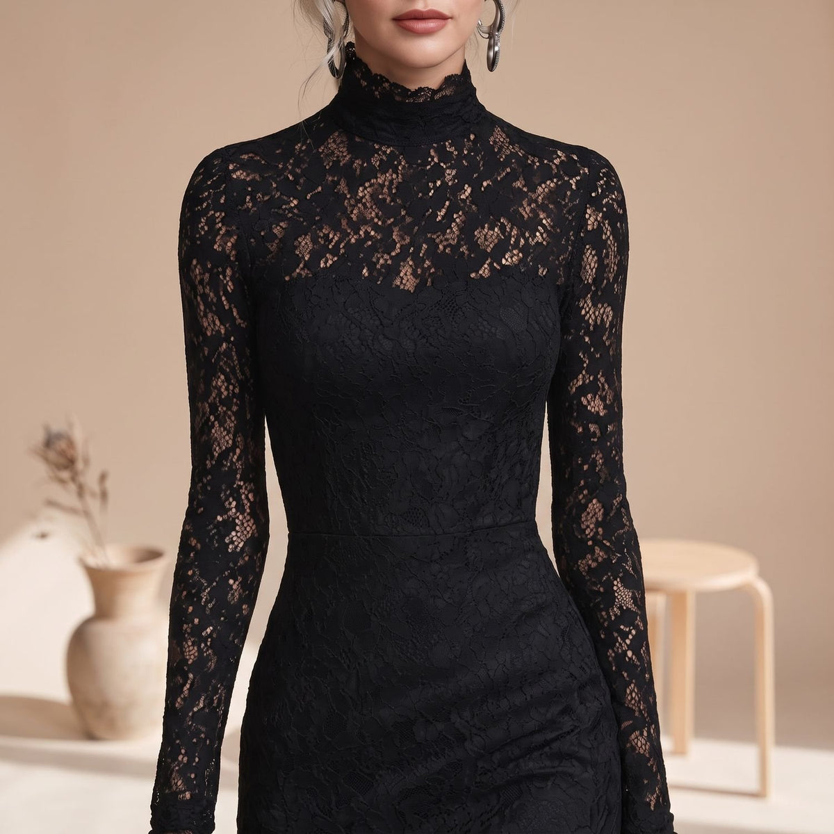 Women's Black Lace Long-Sleeve Fishtail Maxi Dress