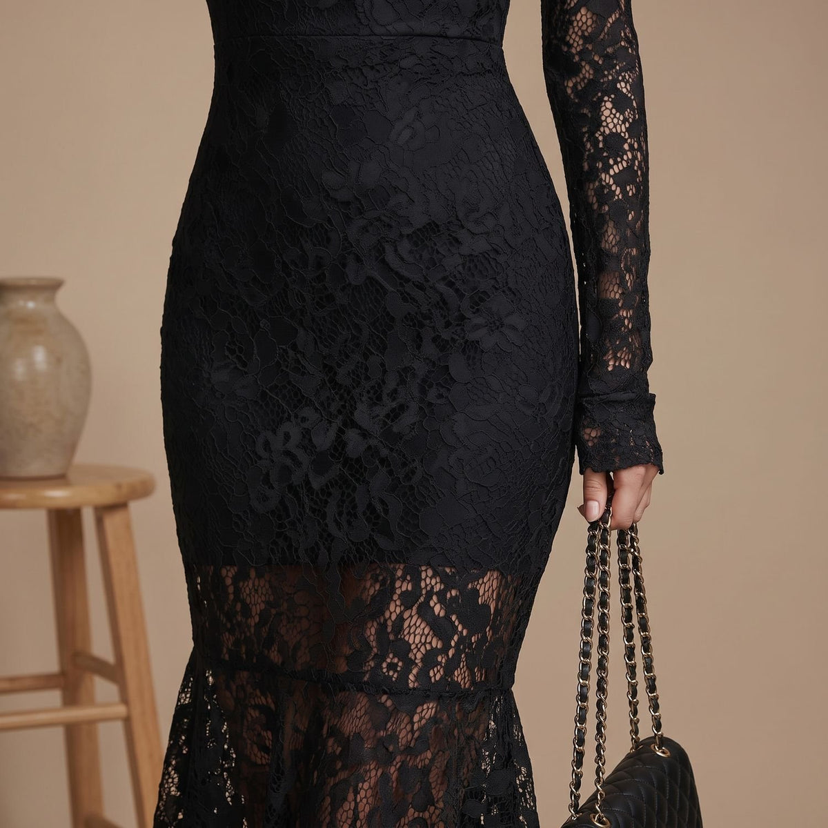 Women's Black Lace Long-Sleeve Fishtail Maxi Dress