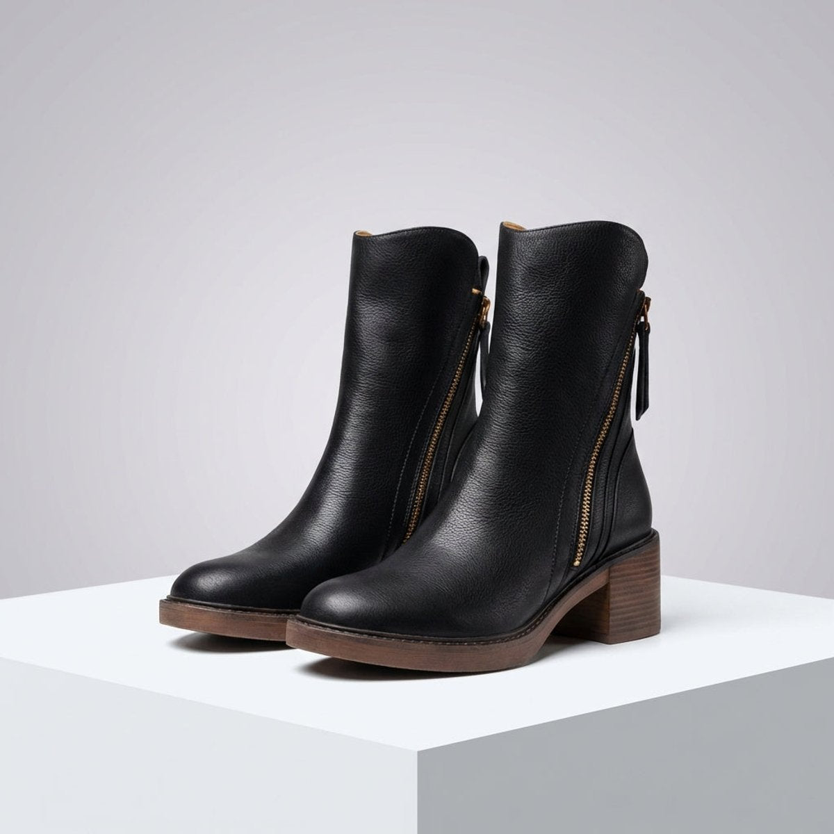 Women's Black Leather Side-Zip Ankle Boots - Black