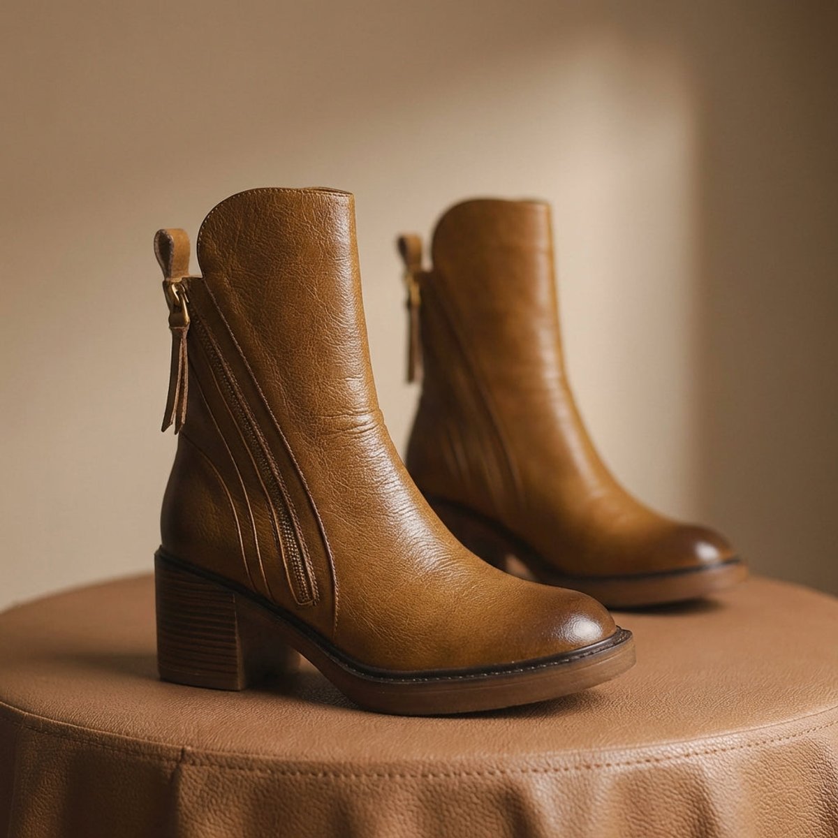 Women's Black Leather Side-Zip Ankle Boots - Brown