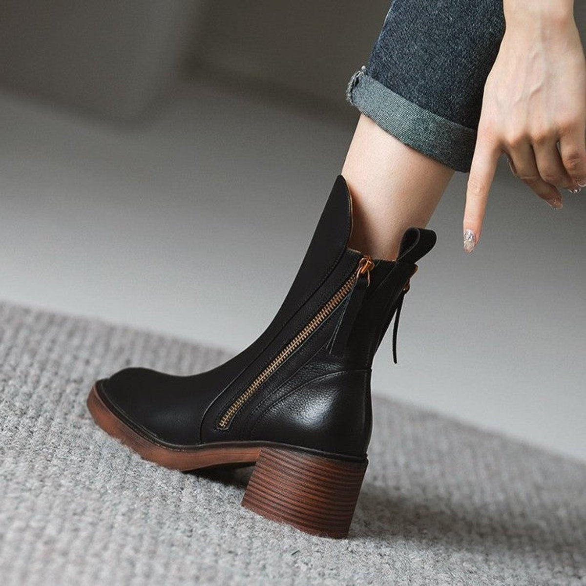 Women's Black Leather Side-Zip Ankle Boots
