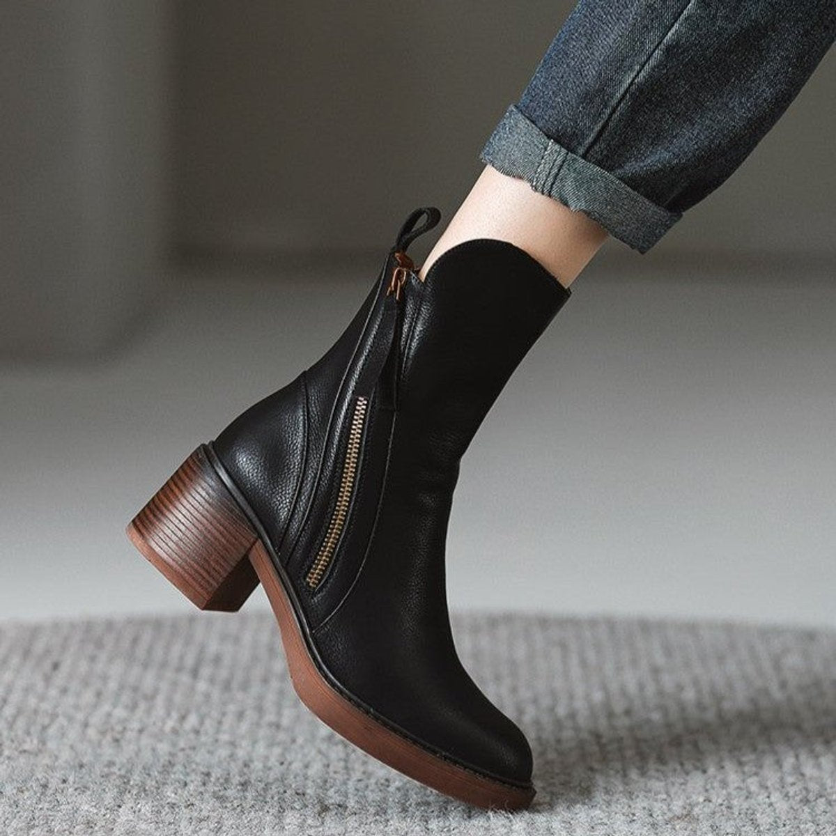 Women's Black Leather Side-Zip Ankle Boots