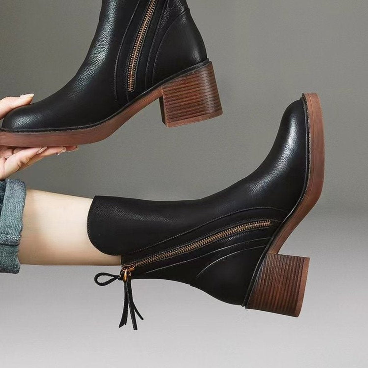Women's Black Leather Side-Zip Ankle Boots